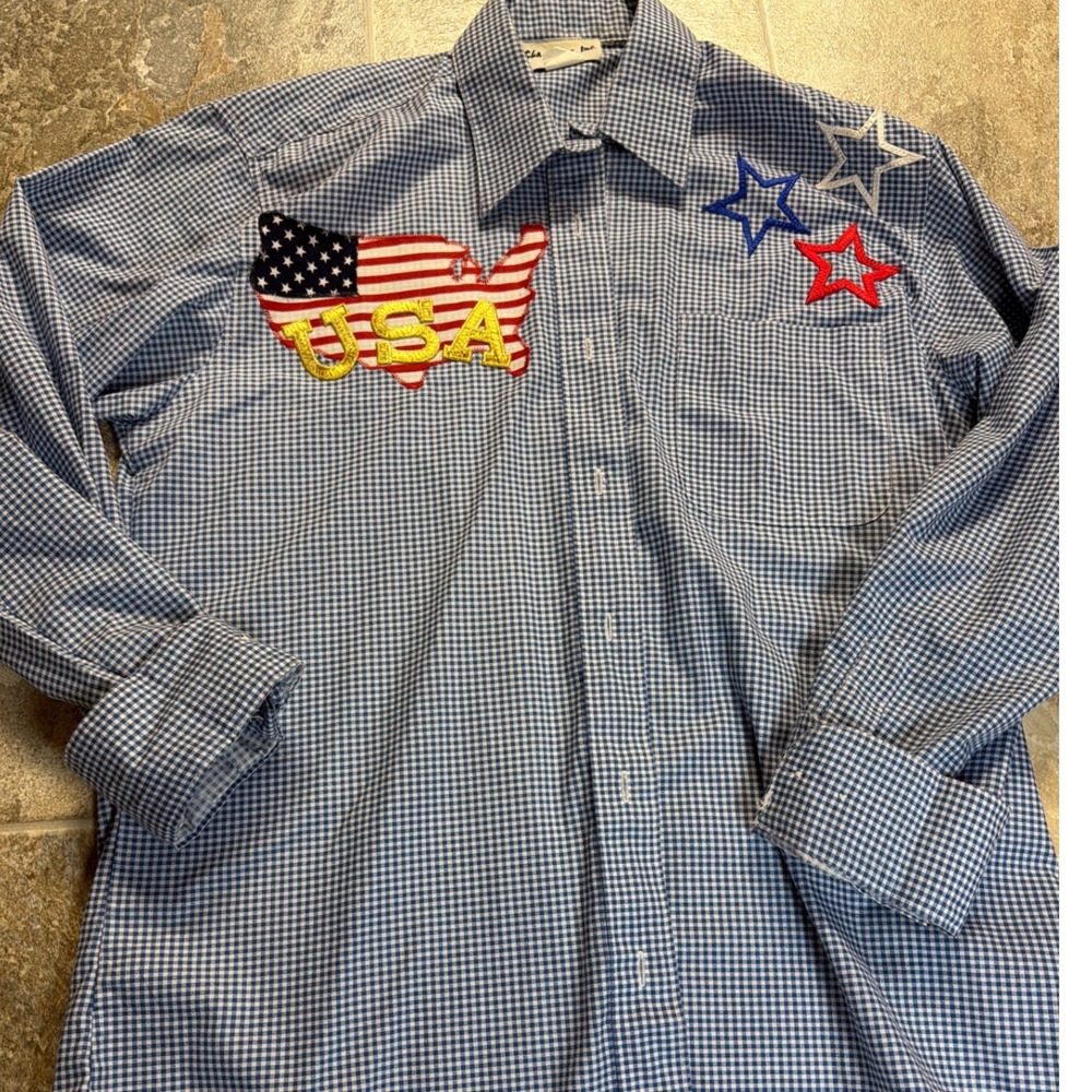 Shane Lee Inc USA Map Flag Stars Gingham Button Down Shirt Small Made‎ in USA